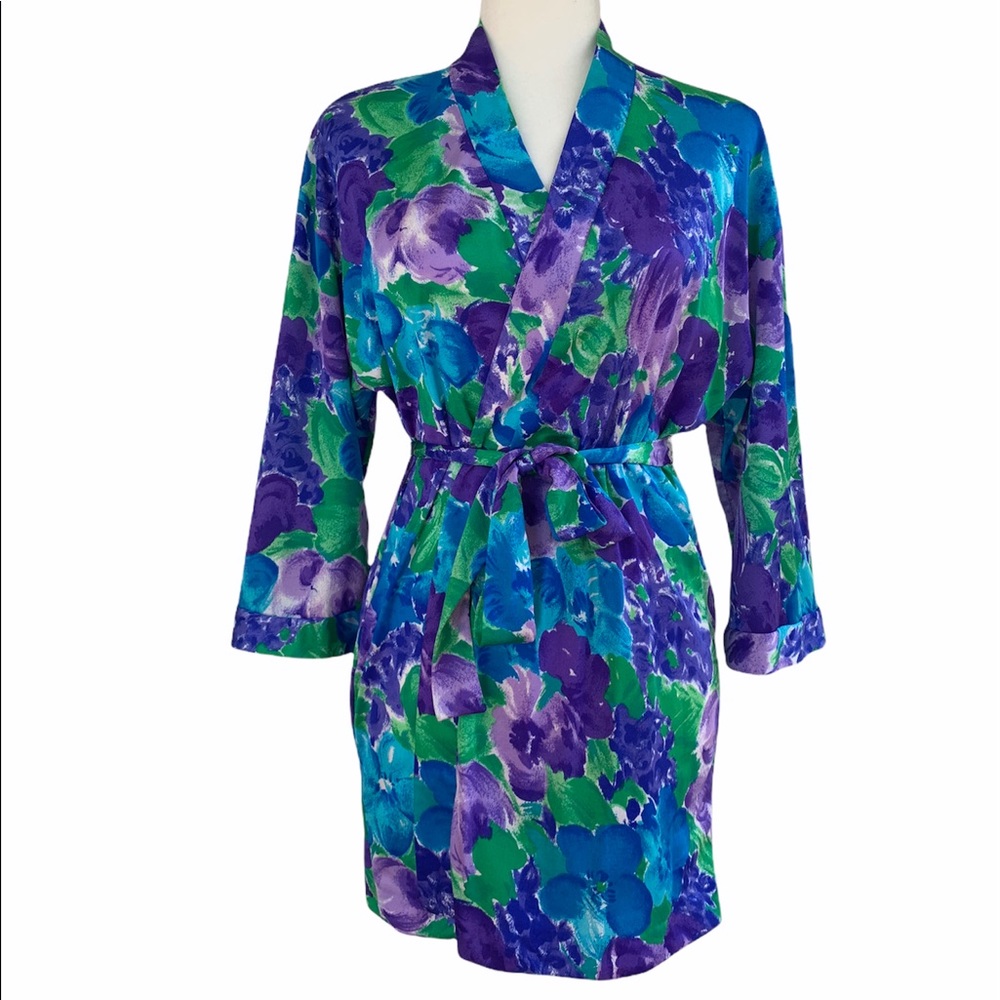 Vintage Nylon Blue Abstract Floral Robe Coverup